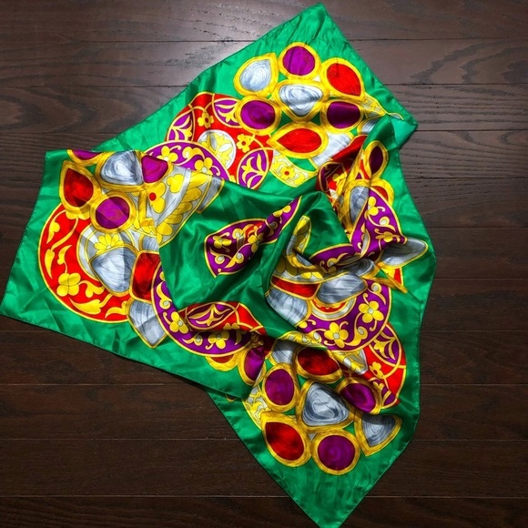 Vintage Berkshire Oversized Scarf Satin Like green gold - Picture 2 of 12